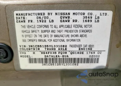 2000 Nissan Sentra Base z USA, uszkodzony, nr VIN 3N1CB51D5YL331082